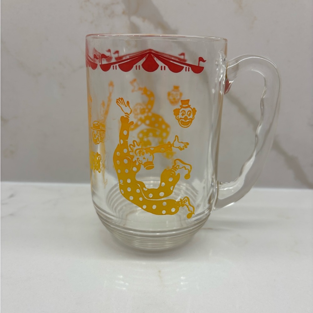 Vintage Dancing Circus Clown Glass Mug with Ribbed Handle Yellow and Red Rare